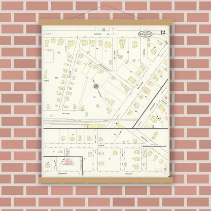 Old map wall art mockup — magnetic wood frame on brick wall — Sanborn Fire Insurance Map from Waxahachie, Ellis County, Texas (1914), Sheet #0012