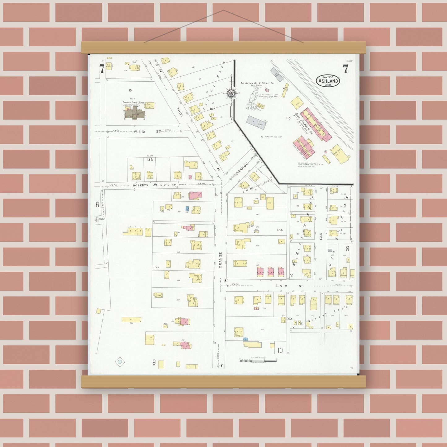 Old map wall art mockup — magnetic wood frame on brick wall — Sanborn Fire Insurance Map from Ashland, Ashland County, Ohio (1930), Sheet #0007