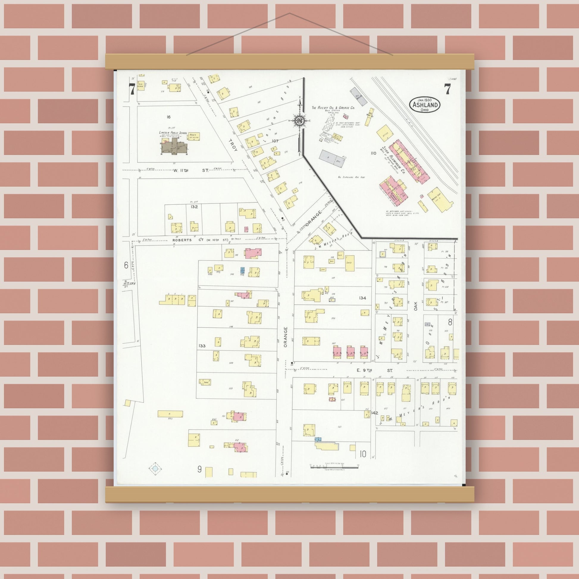 Old map wall art mockup — magnetic wood frame on brick wall — Sanborn Fire Insurance Map from Ashland, Ashland County, Ohio (1930), Sheet #0007