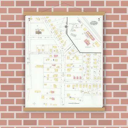 Old map wall art mockup — magnetic wood frame on brick wall — Sanborn Fire Insurance Map from Ashland, Ashland County, Ohio (1930), Sheet #0007