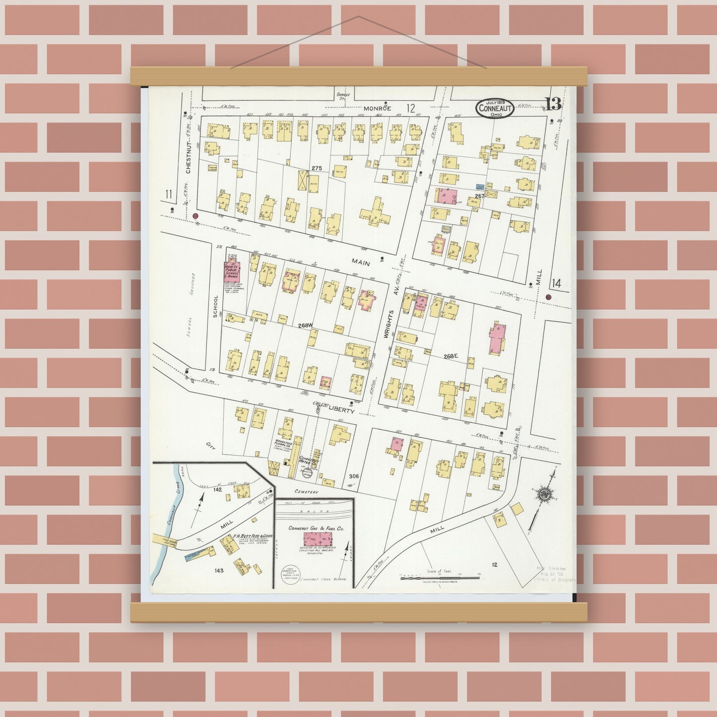 Old map wall art mockup — magnetic wood frame on brick wall — Sanborn Fire Insurance Map from Conneaut, Ashtabula County, Ohio (1919), Sheet #0013