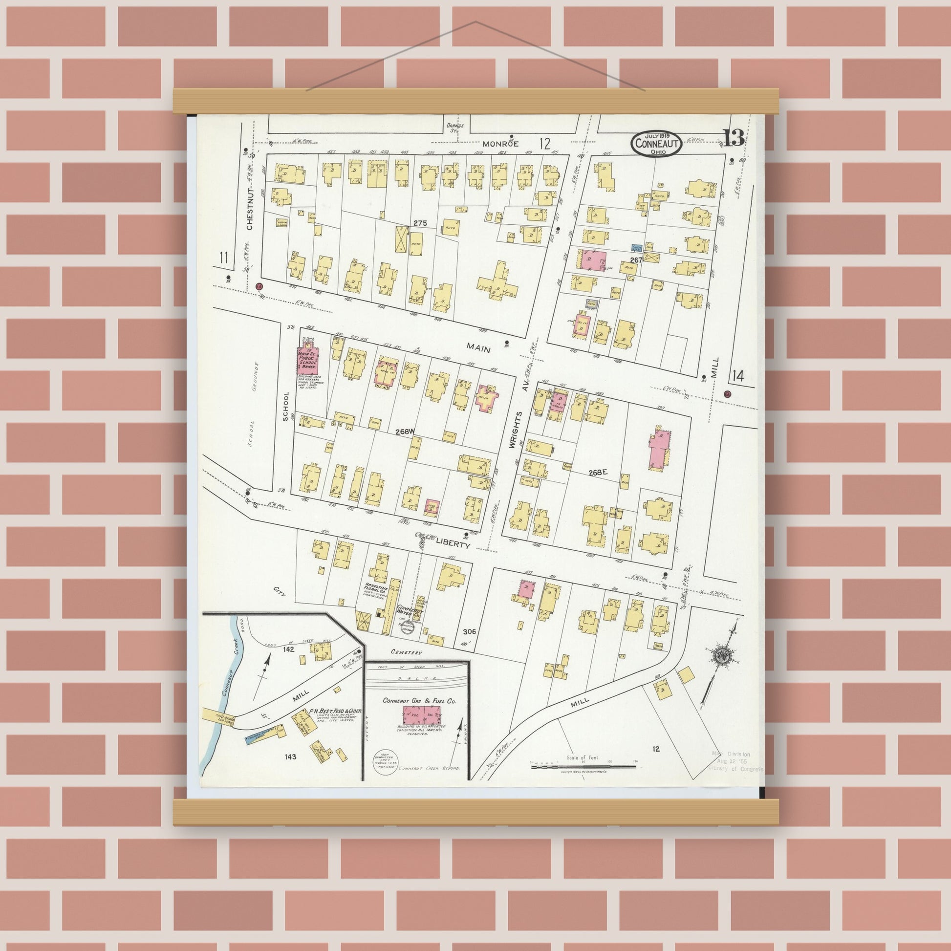 Old map wall art mockup — magnetic wood frame on brick wall — Sanborn Fire Insurance Map from Conneaut, Ashtabula County, Ohio (1919), Sheet #0013