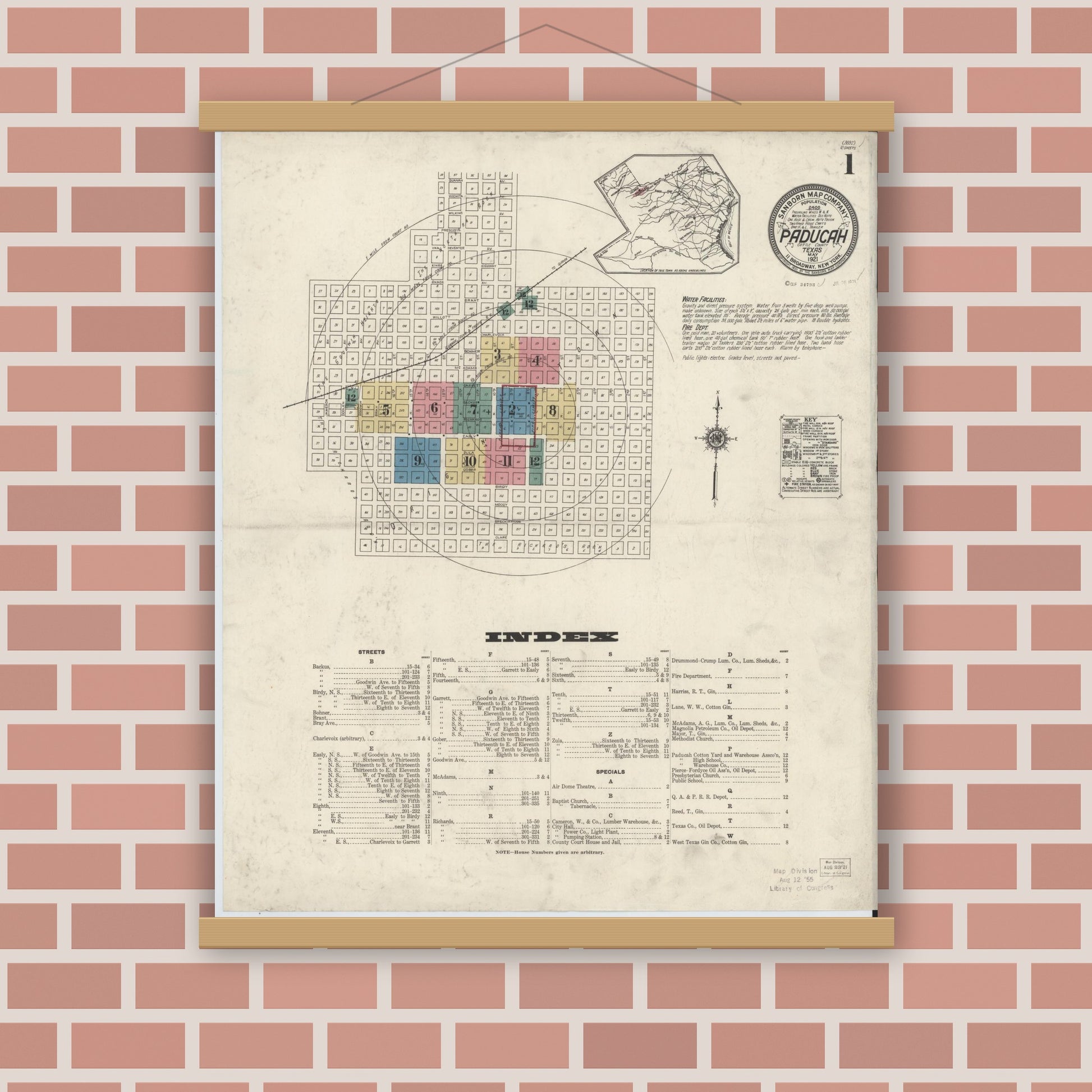 Old map wall art mockup — magnetic wood frame on brick wall — Sanborn Fire Insurance Map from Paducah, Cottle County, Texas (1921) - Complete Map Set