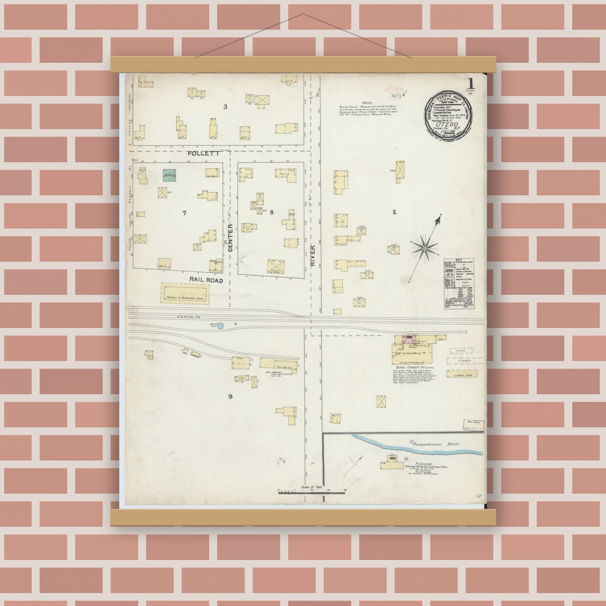 Old map wall art mockup — magnetic wood frame on brick wall — Sanborn Fire Insurance Map from Otego, Otsego County, New York (1891), Sheet #0001