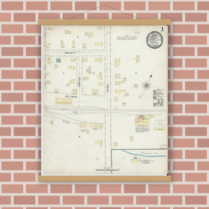 Old map wall art mockup — magnetic wood frame on brick wall — Sanborn Fire Insurance Map from Otego, Otsego County, New York (1891), Sheet #0001