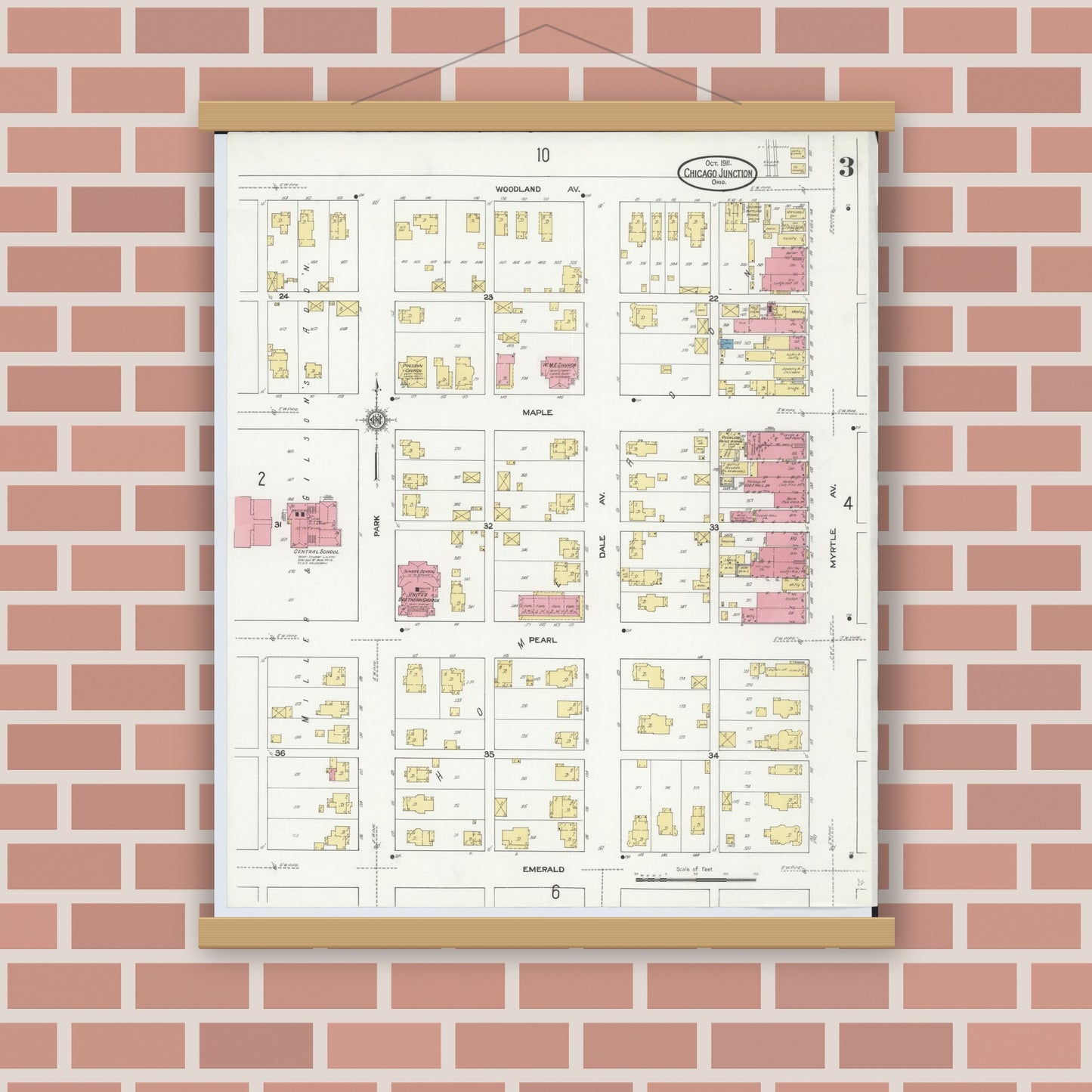 Old map wall art mockup — magnetic wood frame on brick wall — Sanborn Fire Insurance Map from Chicago Junction, Huron County, Ohio (1911), Sheet #0003