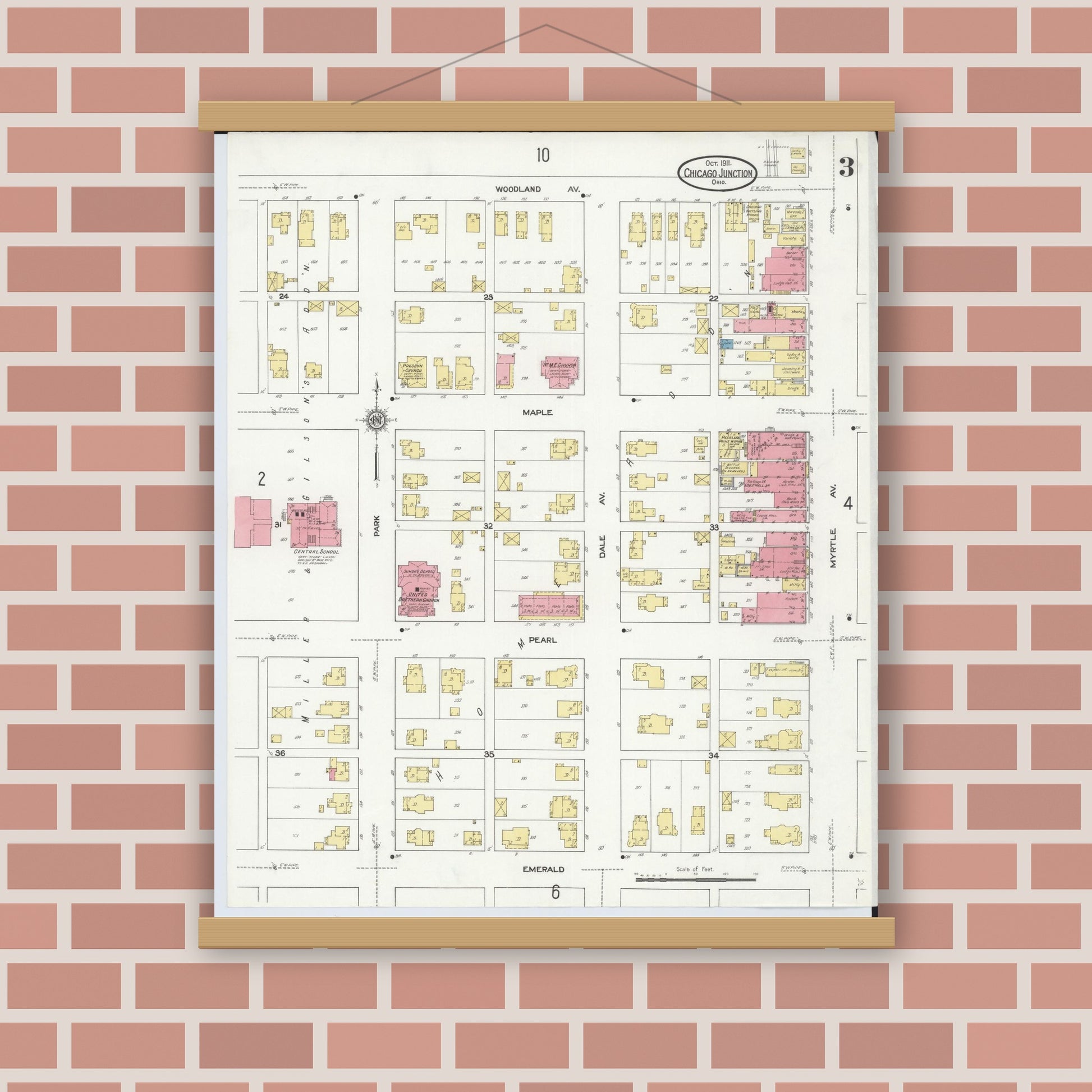 Old map wall art mockup — magnetic wood frame on brick wall — Sanborn Fire Insurance Map from Chicago Junction, Huron County, Ohio (1911), Sheet #0003