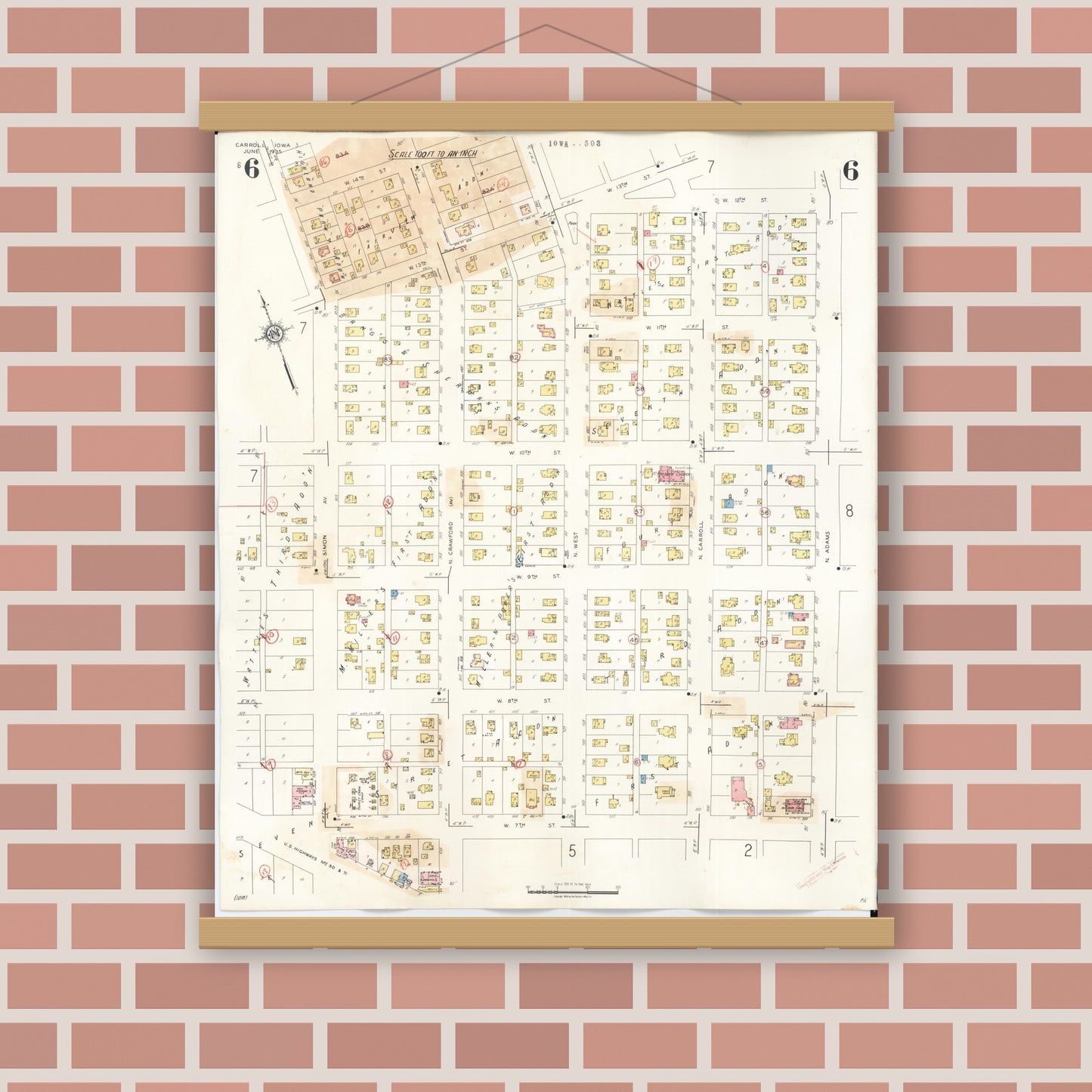 Old map wall art mockup — magnetic wood frame on brick wall — Sanborn Fire Insurance Map from Carroll, Carroll County, Iowa (1948), Sheet #0006