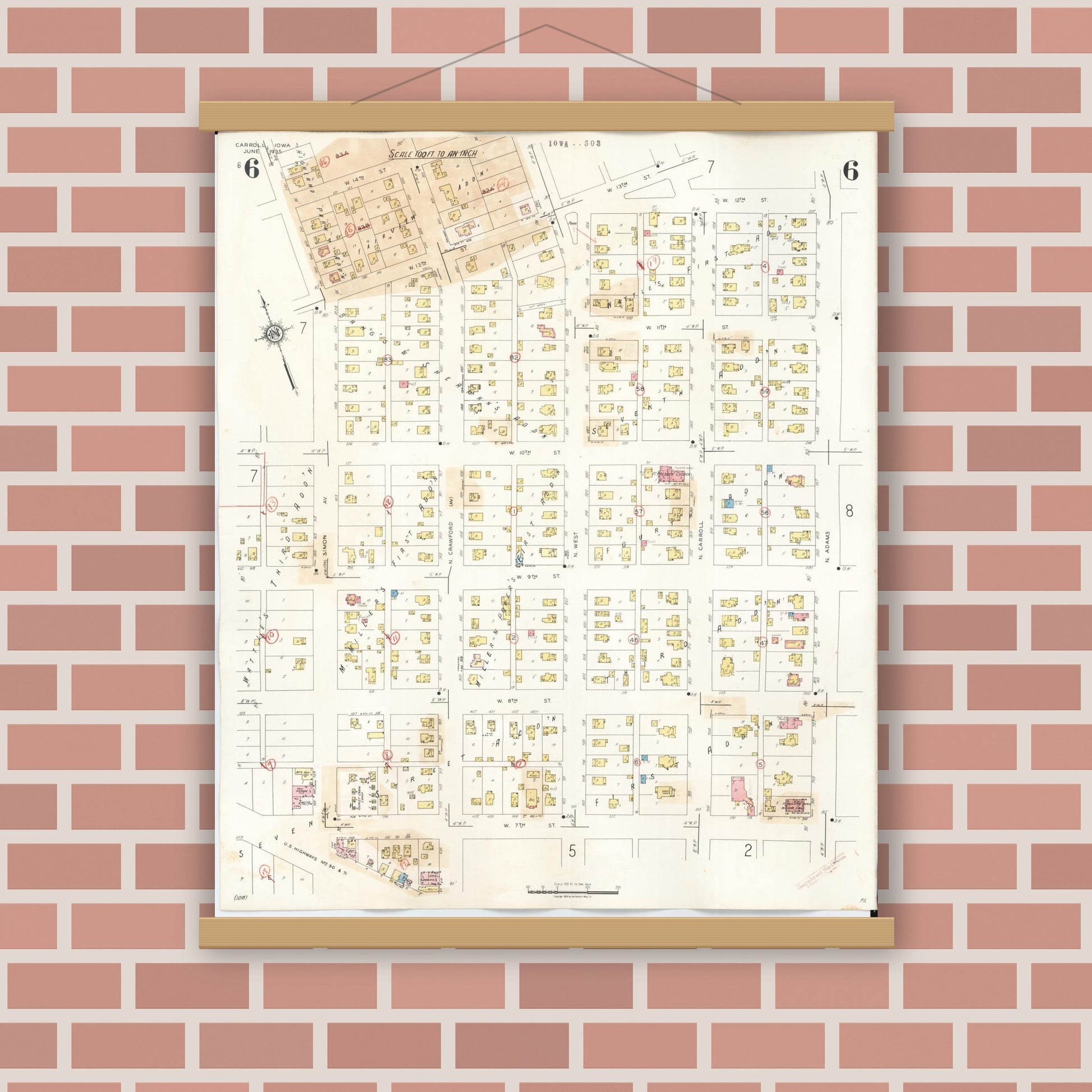 Old map wall art mockup — magnetic wood frame on brick wall — Sanborn Fire Insurance Map from Carroll, Carroll County, Iowa (1948), Sheet #0006