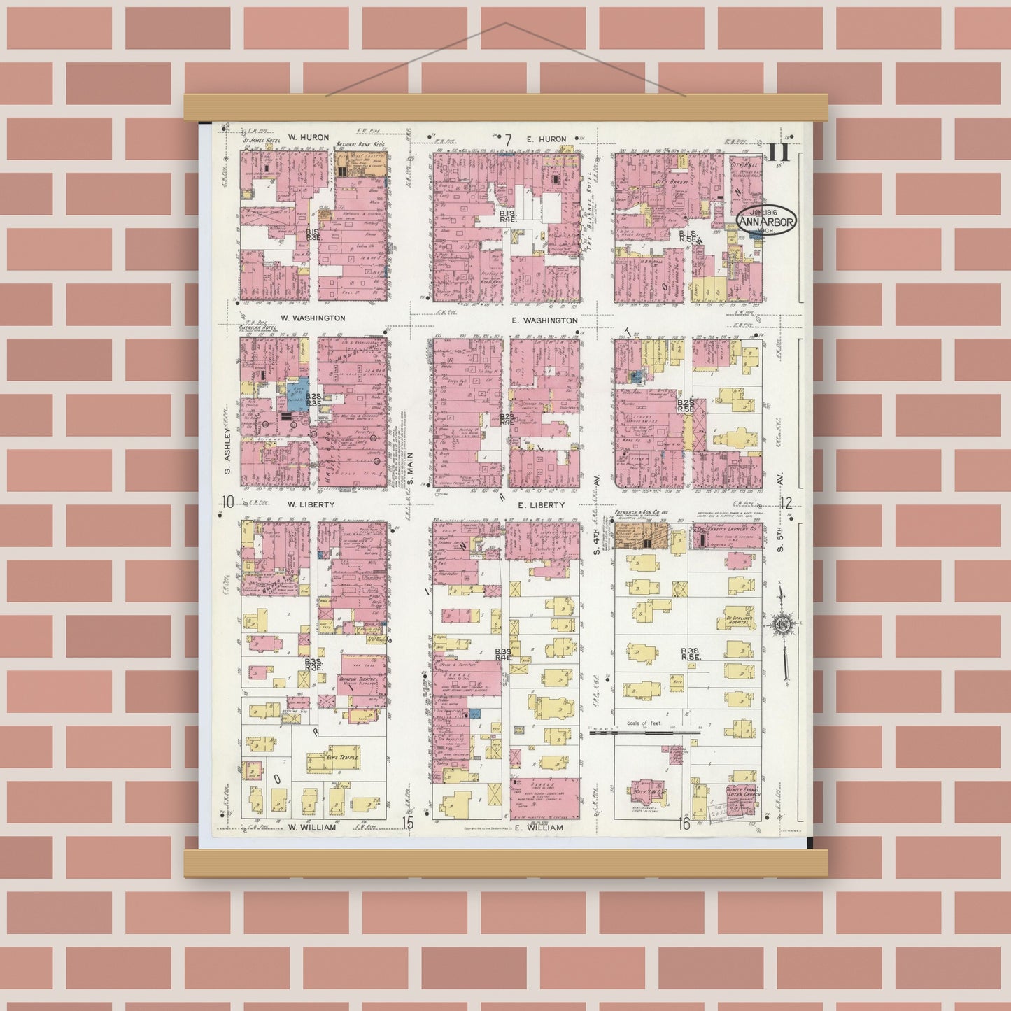 Old map wall art mockup — magnetic wood frame on brick wall — Sanborn Fire Insurance Map from Ann Arbor, Washtenaw County, Michigan (1916), Sheet #0011