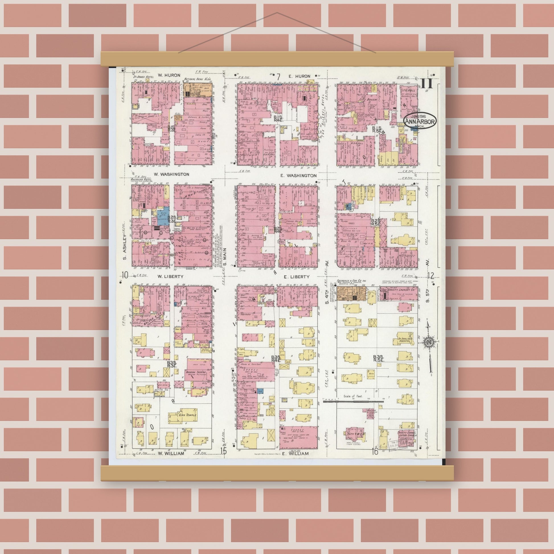 Old map wall art mockup — magnetic wood frame on brick wall — Sanborn Fire Insurance Map from Ann Arbor, Washtenaw County, Michigan (1916), Sheet #0011