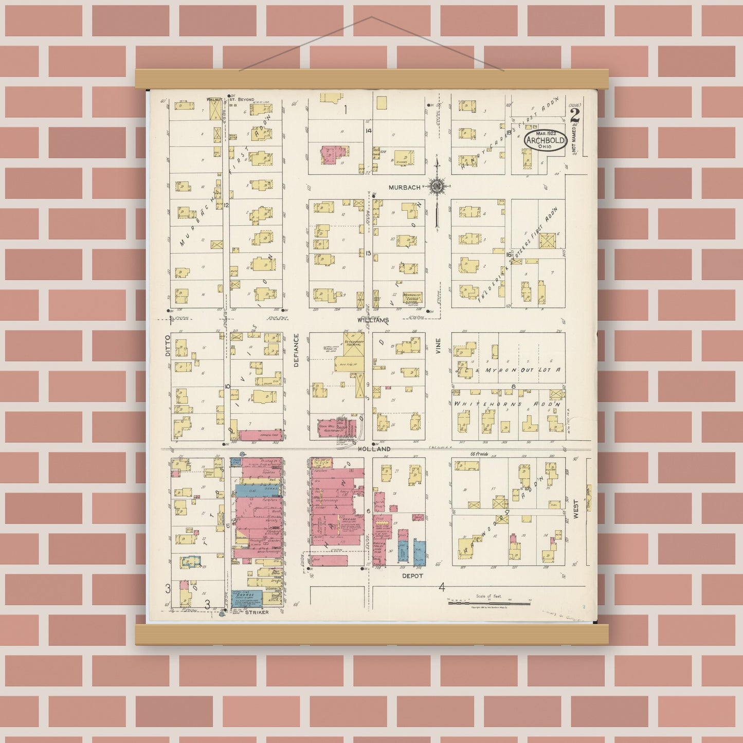 Old map wall art mockup — magnetic wood frame on brick wall — Sanborn Fire Insurance Map from Archbold, Fulton County, Ohio (1922), Sheet #0002