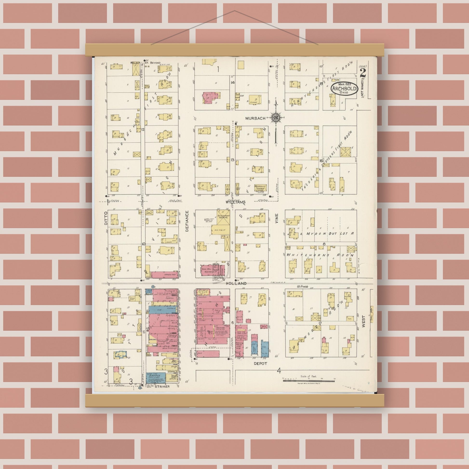 Old map wall art mockup — magnetic wood frame on brick wall — Sanborn Fire Insurance Map from Archbold, Fulton County, Ohio (1922), Sheet #0002