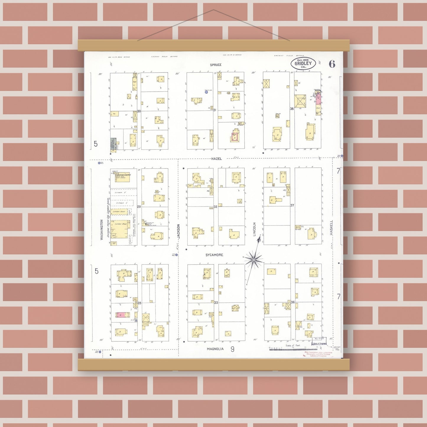 Old map wall art mockup — magnetic wood frame on brick wall — Sanborn Fire Insurance Map from Gridley, Butte County, California (1909), Sheet #0006