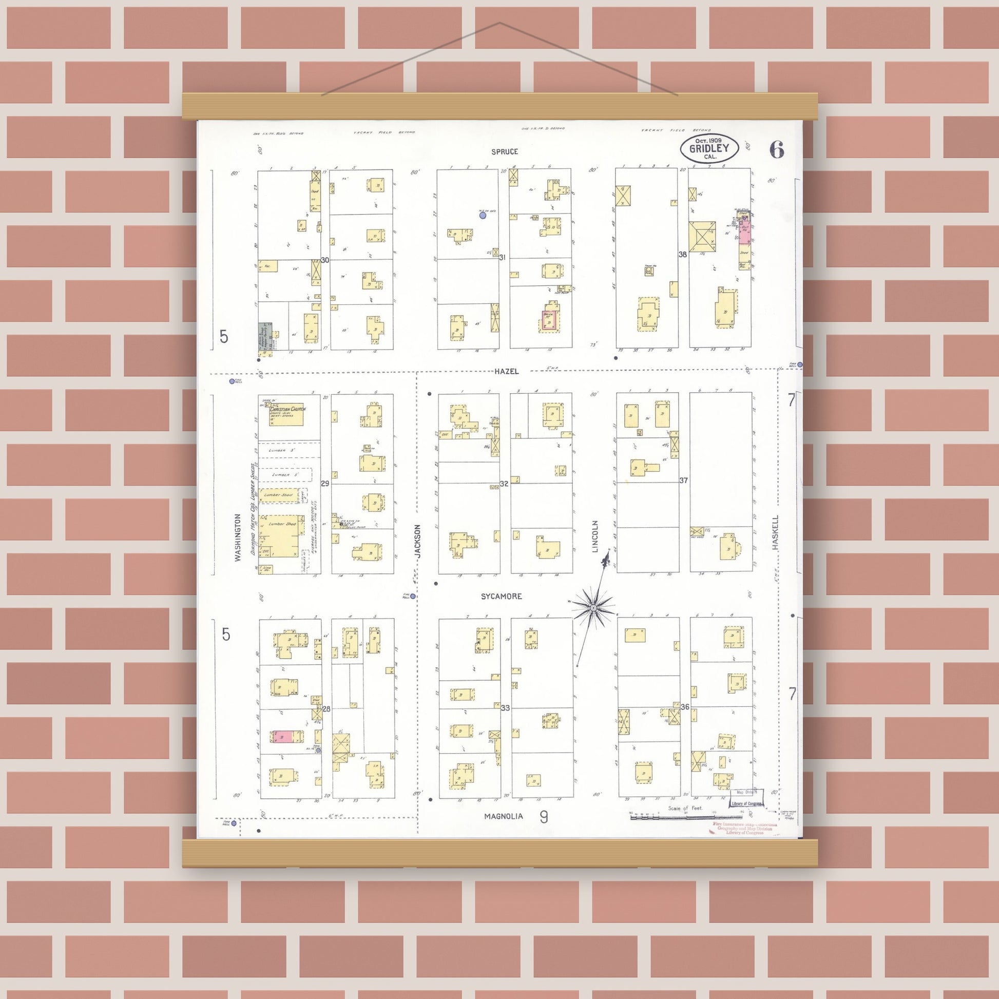 Old map wall art mockup — magnetic wood frame on brick wall — Sanborn Fire Insurance Map from Gridley, Butte County, California (1909), Sheet #0006
