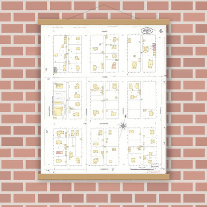 Old map wall art mockup — magnetic wood frame on brick wall — Sanborn Fire Insurance Map from Gridley, Butte County, California (1909), Sheet #0006
