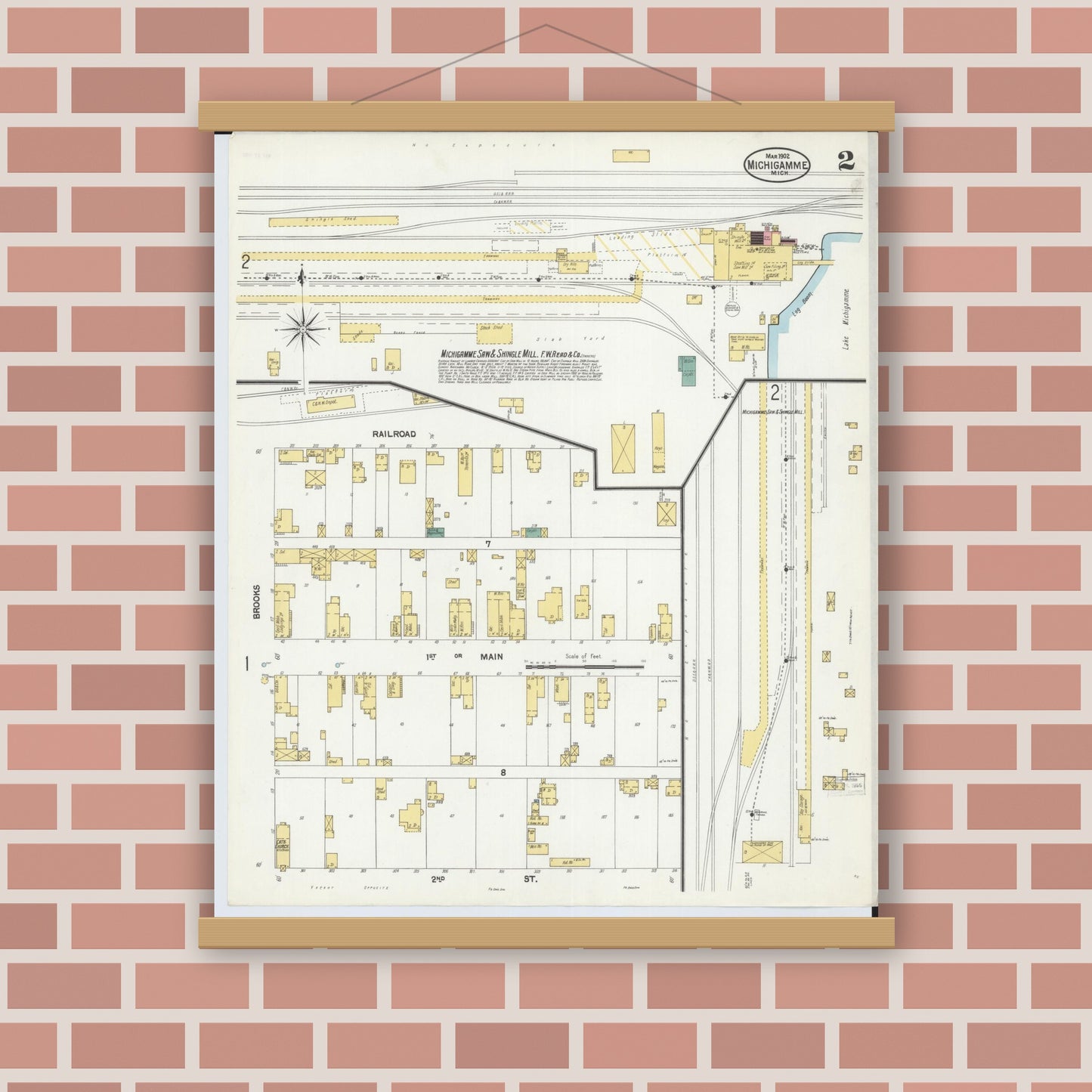 Old map wall art mockup — magnetic wood frame on brick wall — Sanborn Fire Insurance Map from Michigamme, Marquette County, Michigan (1902), Sheet #0002