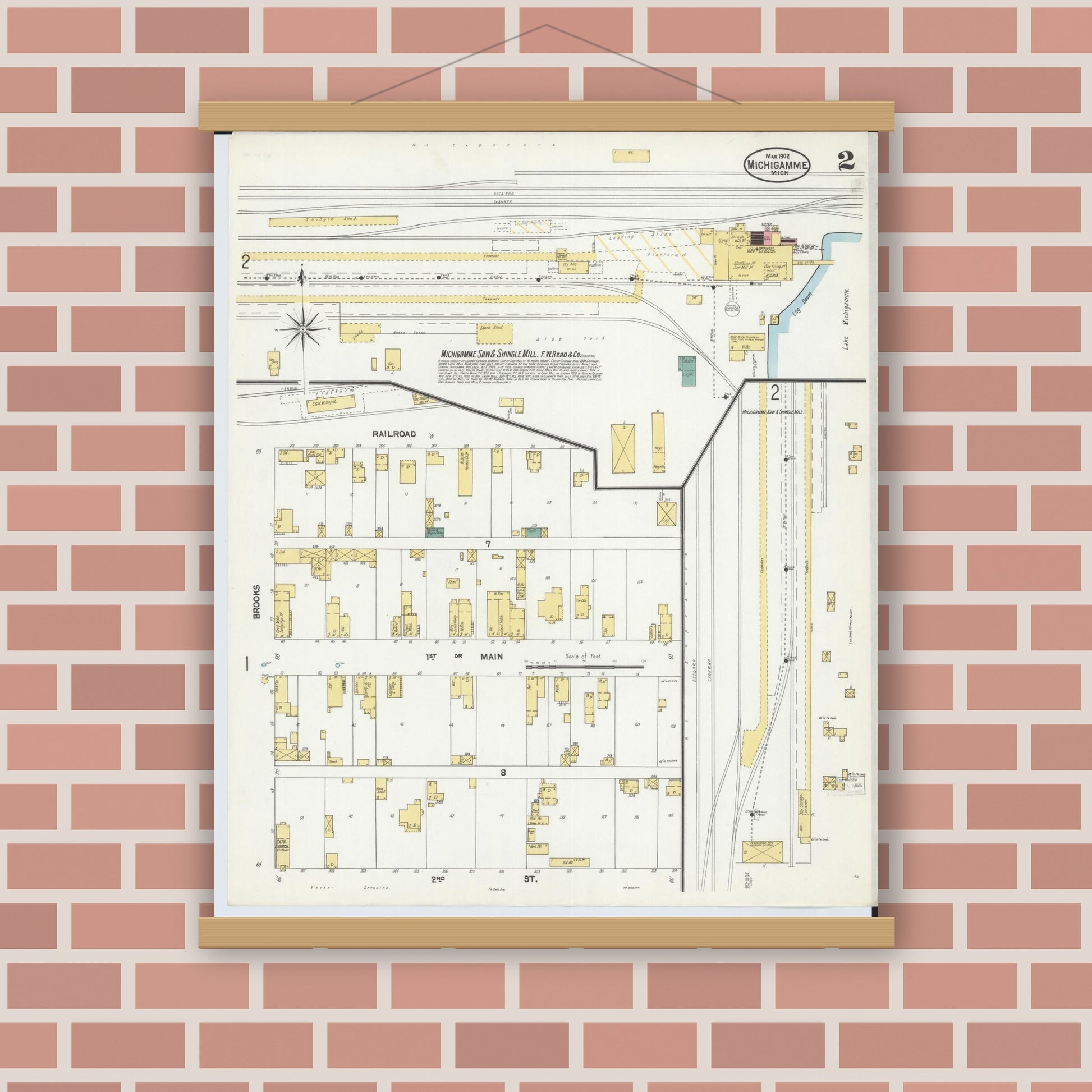 Old map wall art mockup — magnetic wood frame on brick wall — Sanborn Fire Insurance Map from Michigamme, Marquette County, Michigan (1902), Sheet #0002