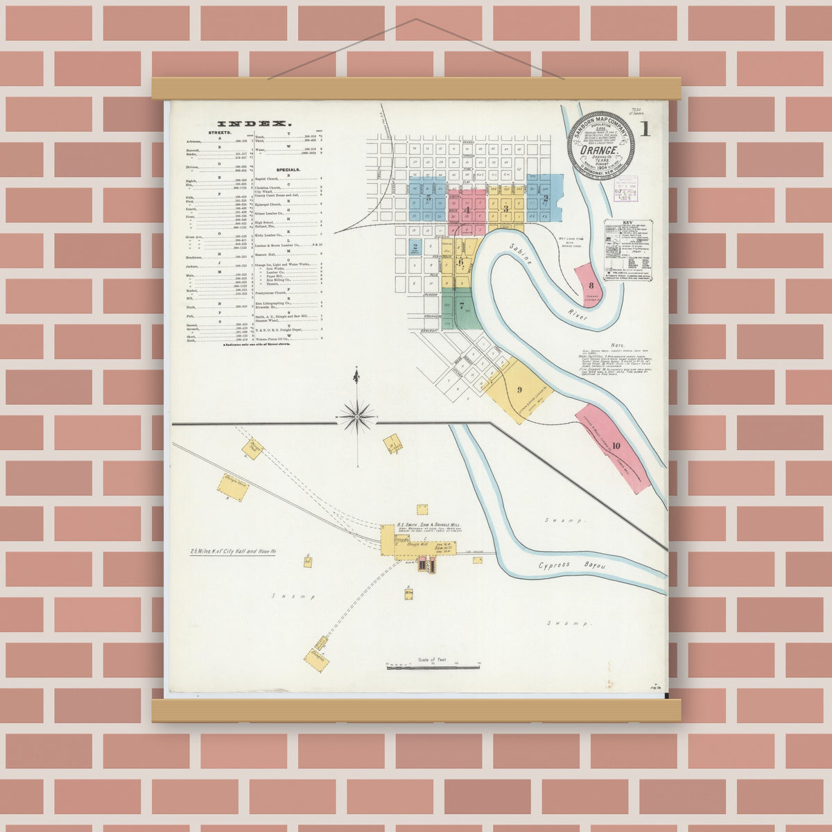 Old map wall art mockup — magnetic wood frame on brick wall — Sanborn Fire Insurance Map from Orange, Orange County, Texas (1904) - Complete Map Set