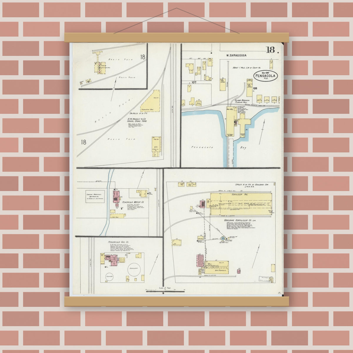 Old map wall art mockup — magnetic wood frame on brick wall — Sanborn Fire Insurance Map from Pensacola, Escambia County, Florida (1897), Sheet #0018