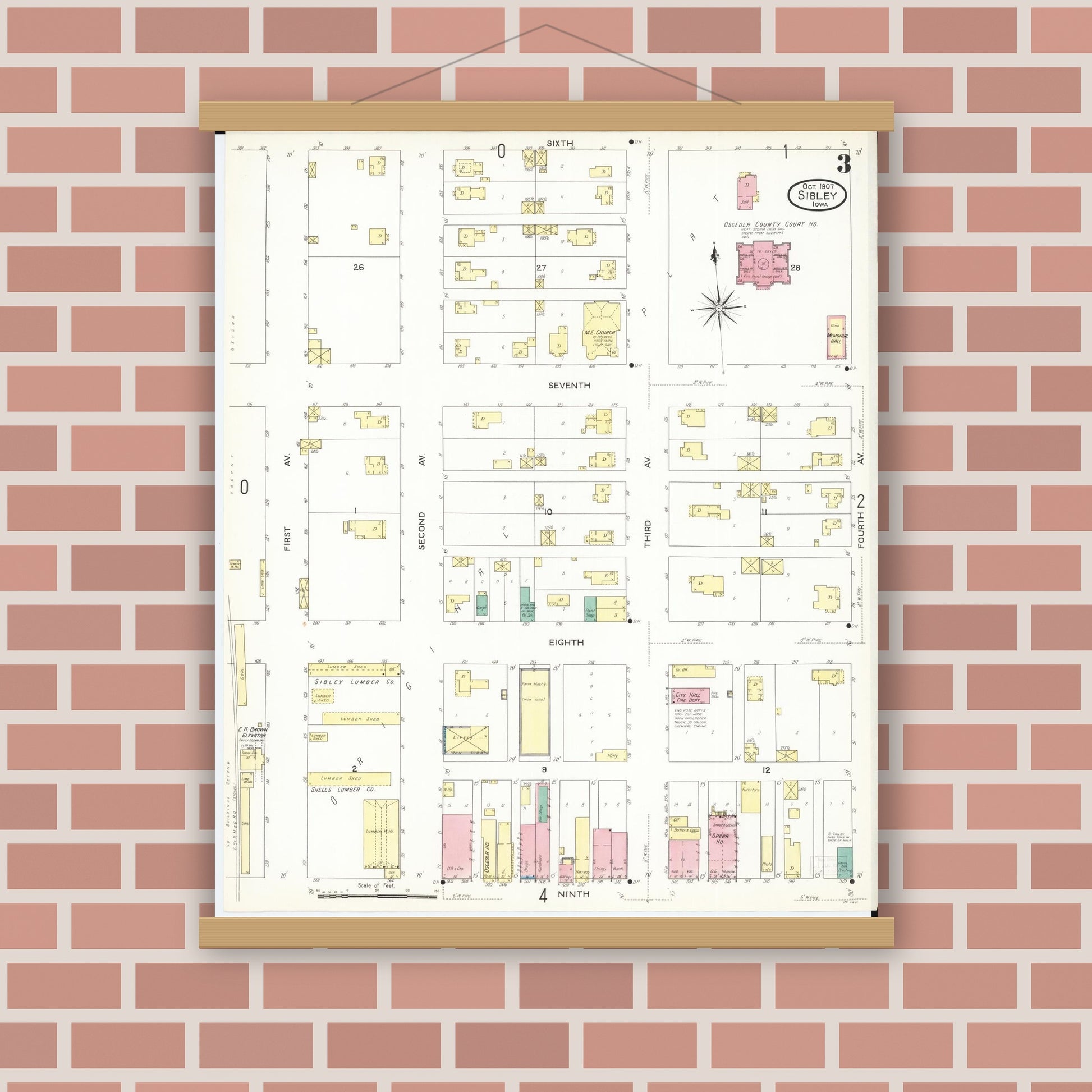 Old map wall art mockup — magnetic wood frame on brick wall — Sanborn Fire Insurance Map from Sibley, Osceola County, Iowa (1907), Sheet #0003