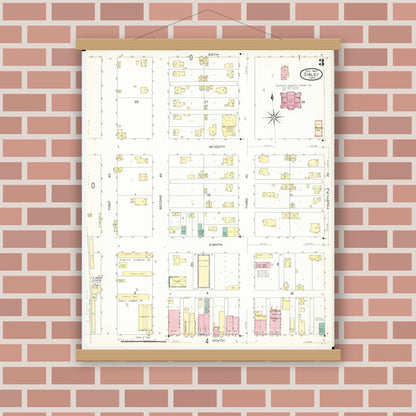 Old map wall art mockup — magnetic wood frame on brick wall — Sanborn Fire Insurance Map from Sibley, Osceola County, Iowa (1907), Sheet #0003