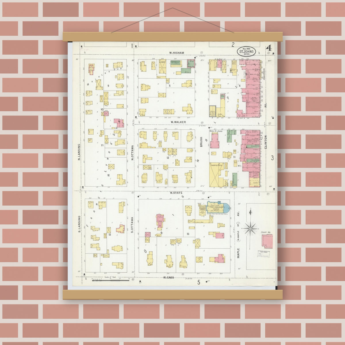 Old map wall art mockup — magnetic wood frame on brick wall — Sanborn Fire Insurance Map from Saint Johns, Clinton County, Michigan (1900), Sheet #0004