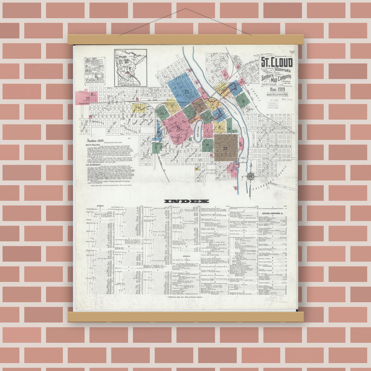 Old map wall art mockup — magnetic wood frame on brick wall — Sanborn Fire Insurance Map from Saint Cloud, Stearns, Benton, and Sherburne Counties, Minnesota (1919), Sheet #0001