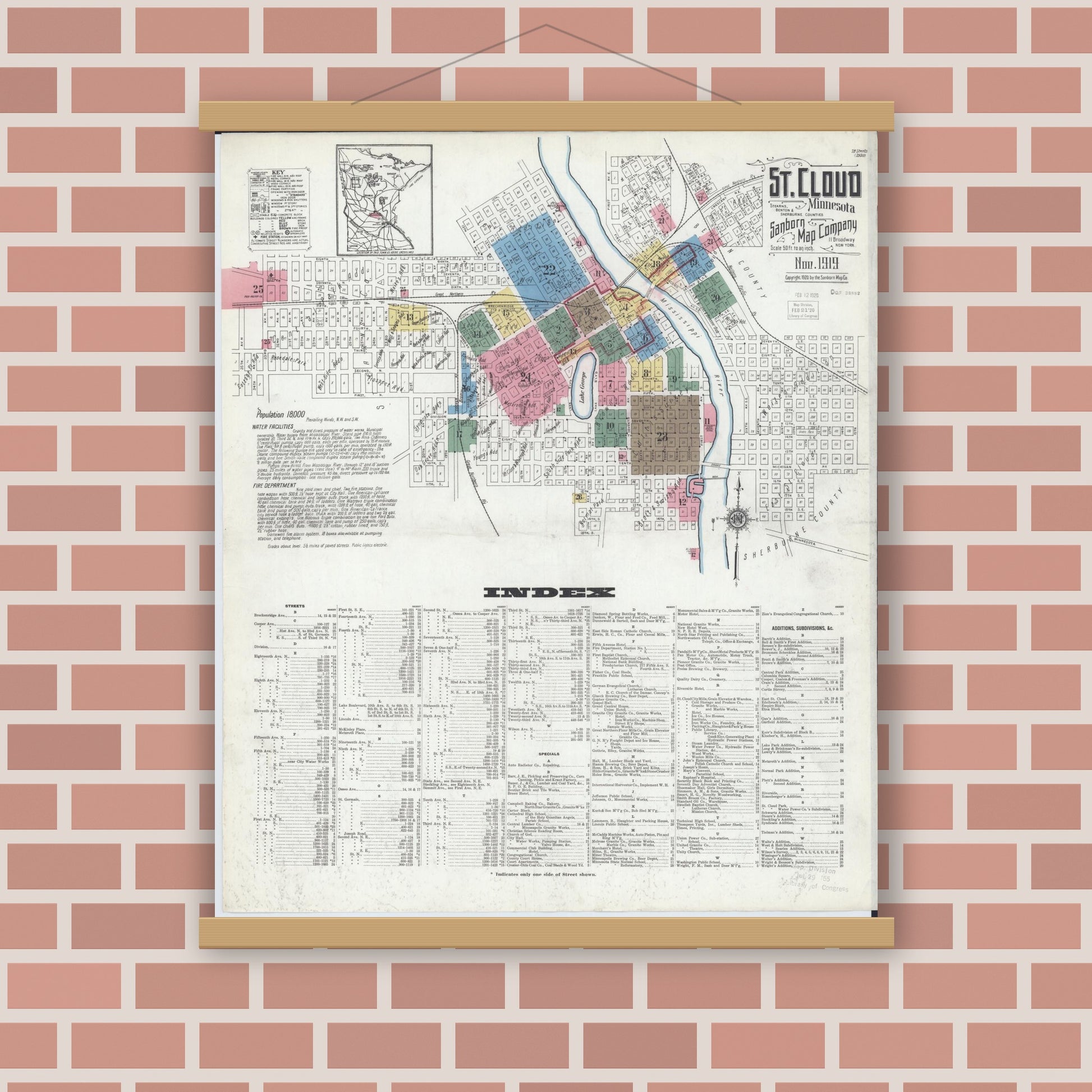 Old map wall art mockup — magnetic wood frame on brick wall — Sanborn Fire Insurance Map from Saint Cloud, Stearns, Benton, and Sherburne Counties, Minnesota (1919), Sheet #0001