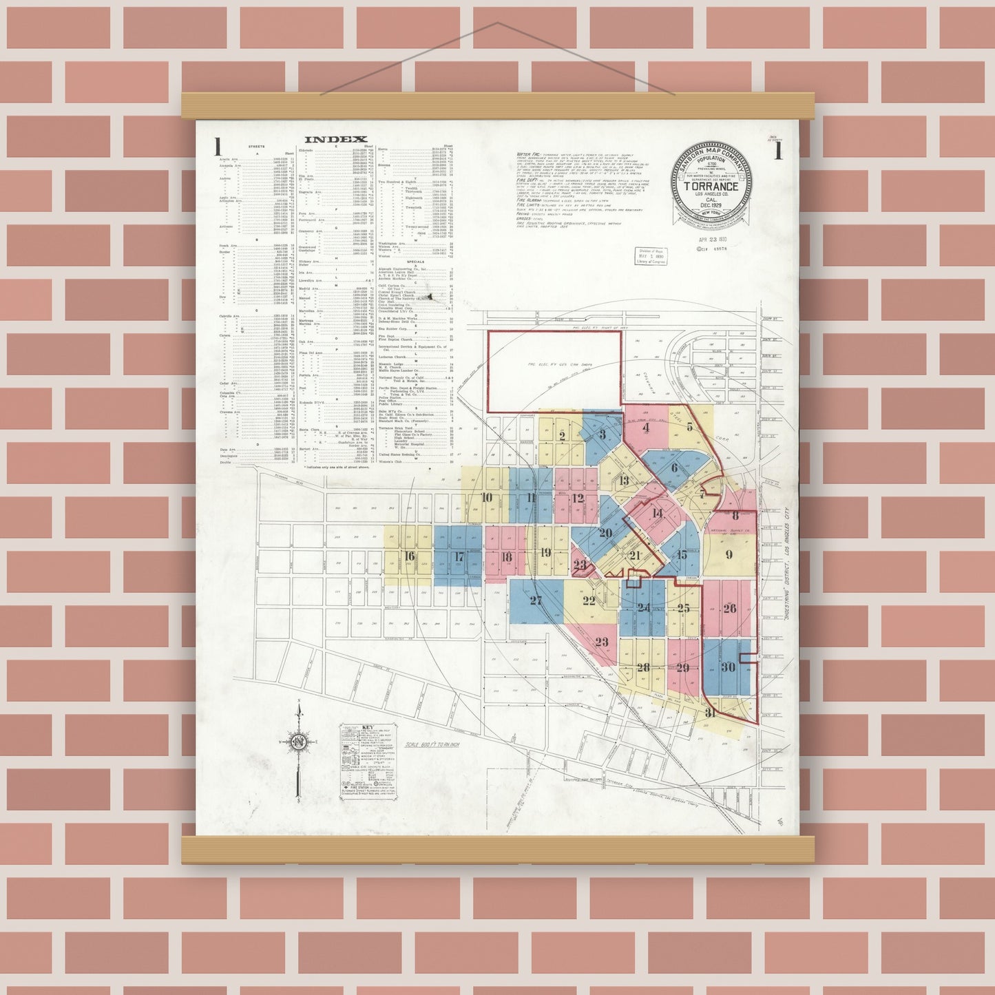 Old map wall art mockup — magnetic wood frame on brick wall — Sanborn Fire Insurance Map from Torrance, Los Angeles County, California (1929) - Complete Map Set