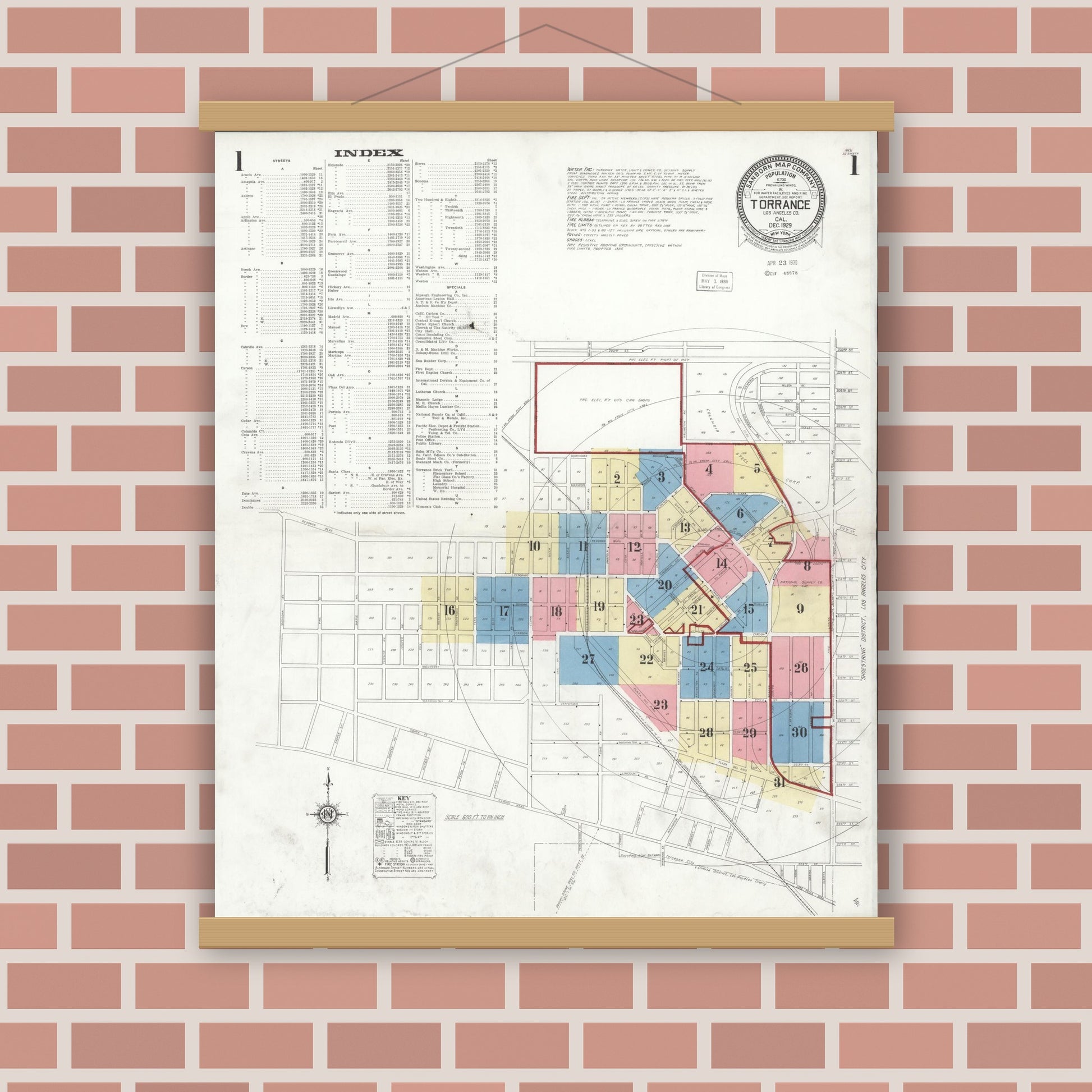 Old map wall art mockup — magnetic wood frame on brick wall — Sanborn Fire Insurance Map from Torrance, Los Angeles County, California (1929) - Complete Map Set
