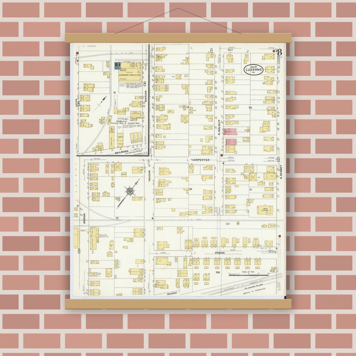 Old map wall art mockup — magnetic wood frame on brick wall — Sanborn Fire Insurance Map from Luzerne, Luzerne County, Pennsylvania (1911), Sheet #0008