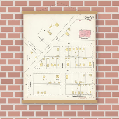 Old map wall art mockup — magnetic wood frame on brick wall — Sanborn Fire Insurance Map from Fowler, Fresno County, California (1911), Sheet #0003