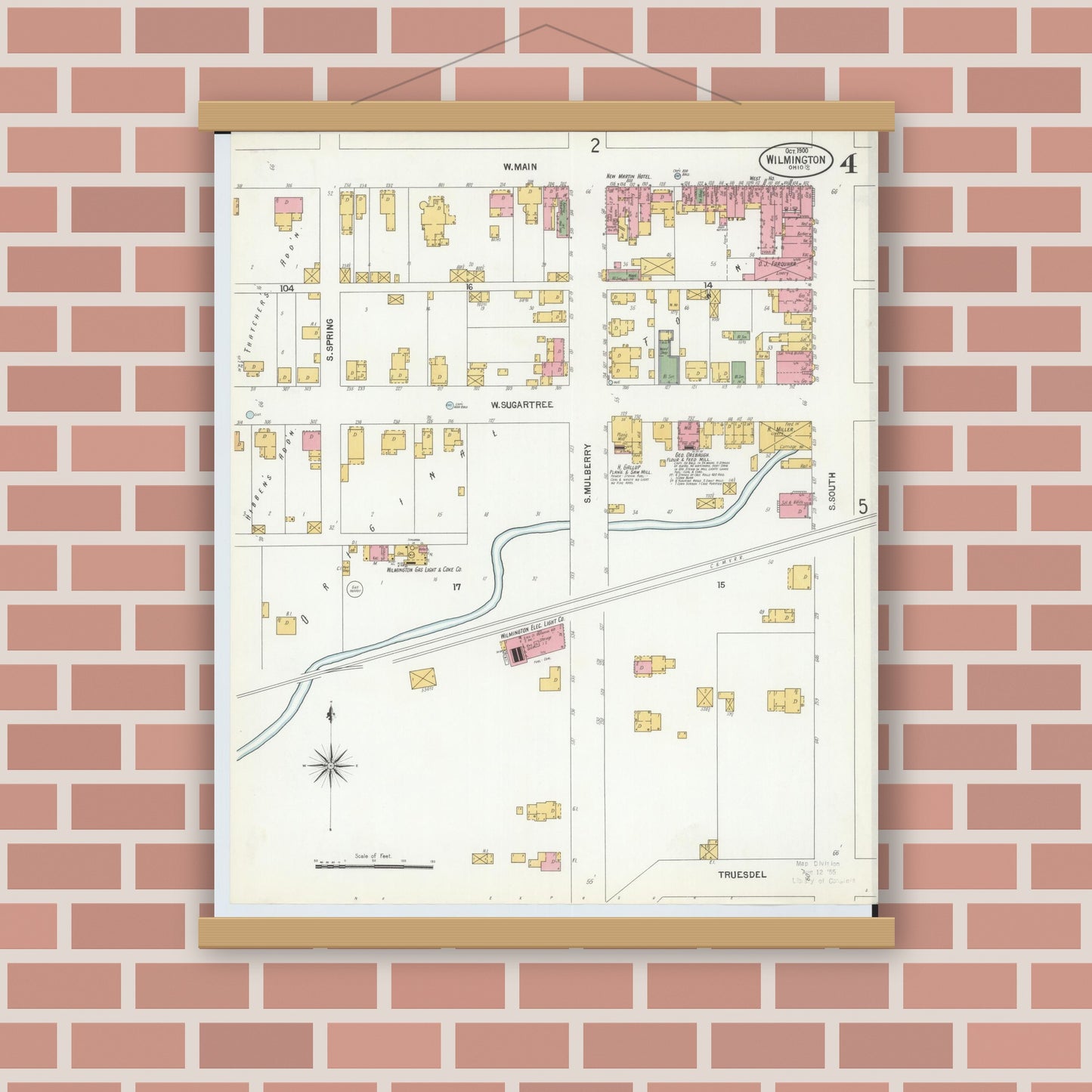 Old map wall art mockup — magnetic wood frame on brick wall — Sanborn Fire Insurance Map from Wilmington, Clinton County, Ohio (1900), Sheet #0004