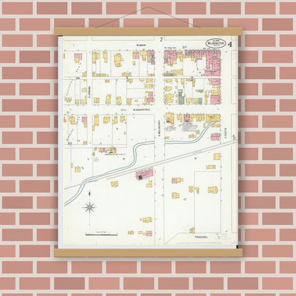 Old map wall art mockup — magnetic wood frame on brick wall — Sanborn Fire Insurance Map from Wilmington, Clinton County, Ohio (1900), Sheet #0004