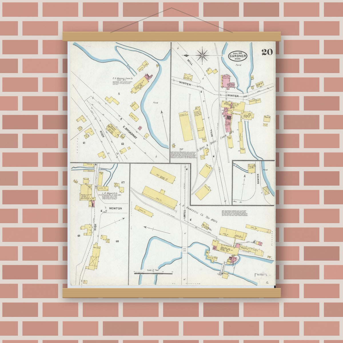 Old map wall art mockup — magnetic wood frame on brick wall — Sanborn Fire Insurance Map from Gardner, Worcester County, Massachusetts (1905), Sheet #0020