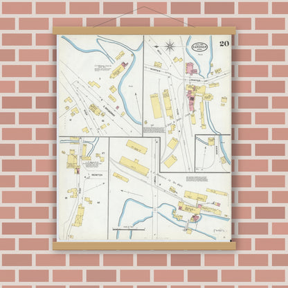 Old map wall art mockup — magnetic wood frame on brick wall — Sanborn Fire Insurance Map from Gardner, Worcester County, Massachusetts (1905), Sheet #0020