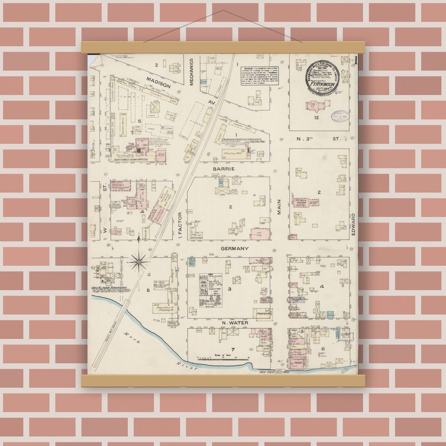 Old map wall art mockup — magnetic wood frame on brick wall — Sanborn Fire Insurance Map from Fort Atkinson, Jefferson County, Wisconsin (1884), Sheet #0001