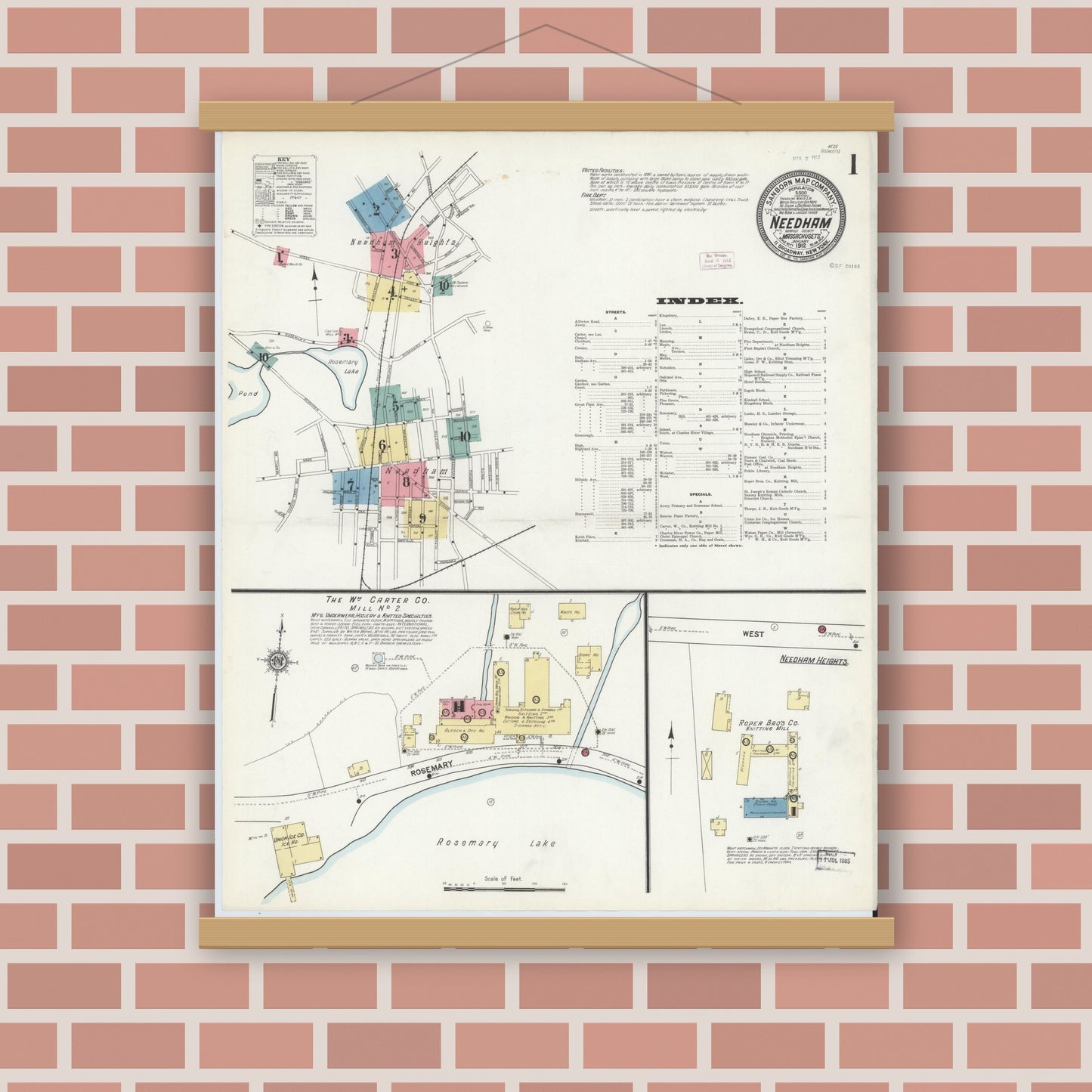 Old map wall art mockup — magnetic wood frame on brick wall — Sanborn Fire Insurance Map from Needham, Norfolk County, Massachusetts (1912) - Complete Map Set