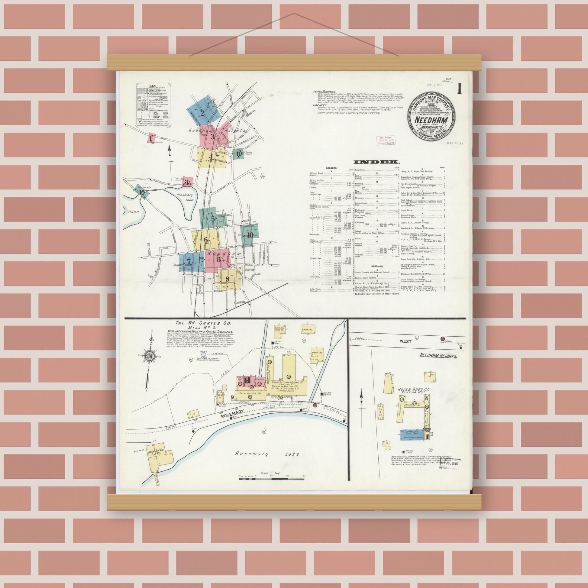 Old map wall art mockup — magnetic wood frame on brick wall — Sanborn Fire Insurance Map from Needham, Norfolk County, Massachusetts (1912) - Complete Map Set