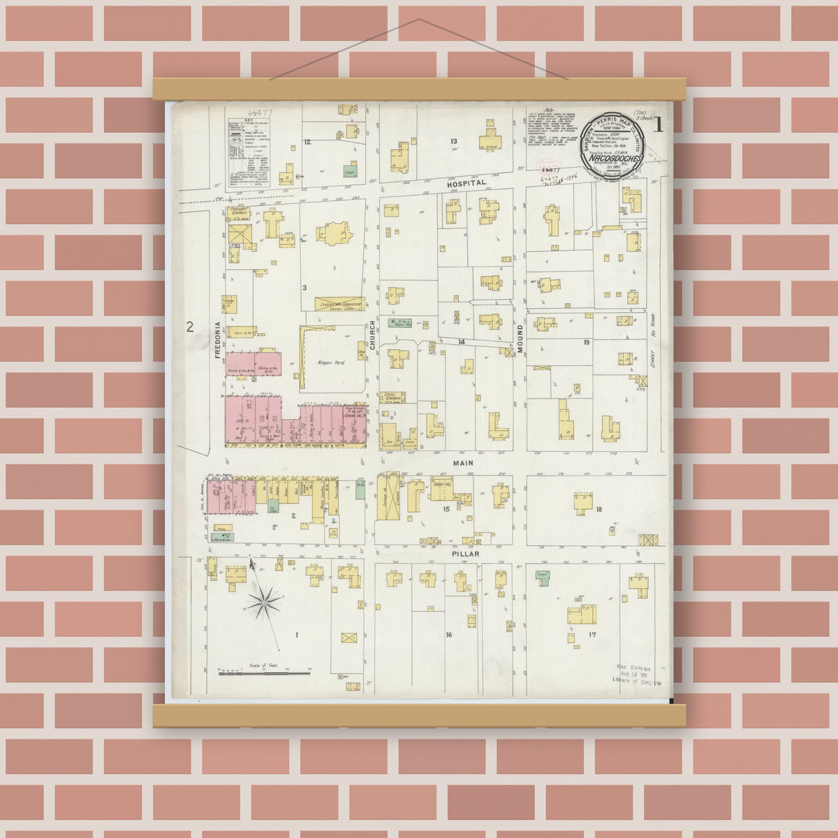 Old map wall art mockup — magnetic wood frame on brick wall — Sanborn Fire Insurance Map from Nacogdoches, Nacogdoches County, Texas (1896) - Complete Map Set