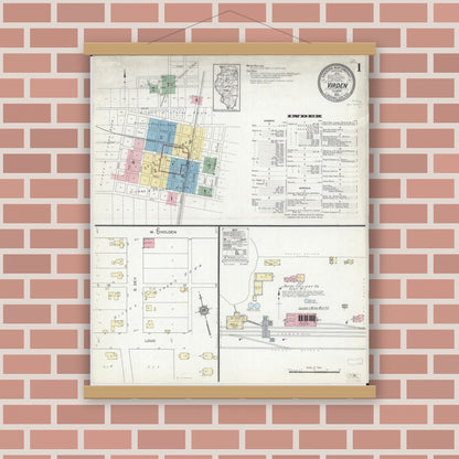 Old map wall art mockup — magnetic wood frame on brick wall — Sanborn Fire Insurance Map from Virden, Macoupin County, Illinois (1914), Sheet #0001