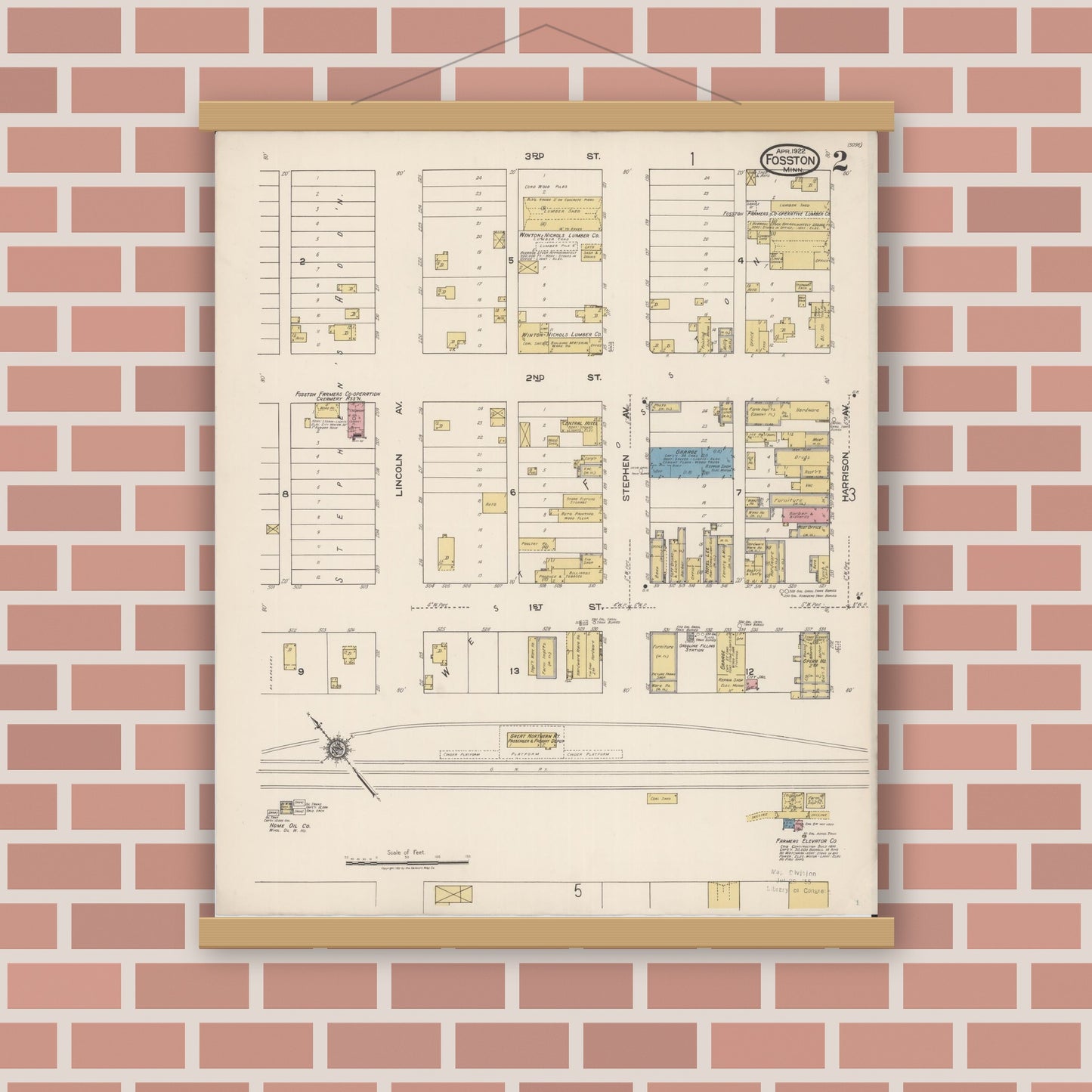 Old map wall art mockup — magnetic wood frame on brick wall — Sanborn Fire Insurance Map from Fosston, Polk County, Minnesota (1922), Sheet #0002
