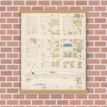 Old map wall art mockup — magnetic wood frame on brick wall — Sanborn Fire Insurance Map from Fosston, Polk County, Minnesota (1922), Sheet #0002