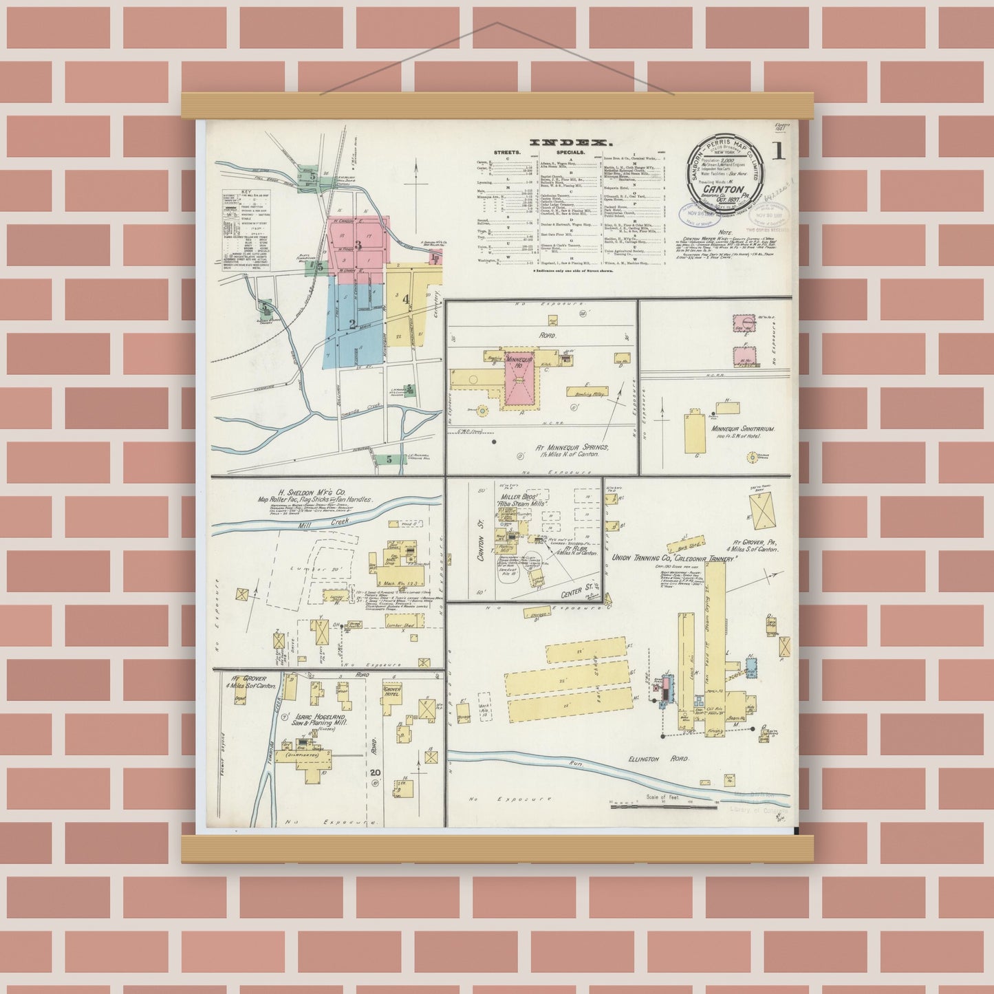 Old map wall art mockup — magnetic wood frame on brick wall — Sanborn Fire Insurance Map from Canton, Bradford County, Pennsylvania (1897) - Complete Map Set