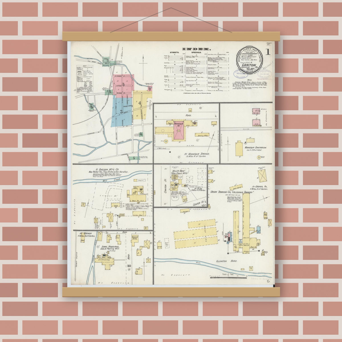 Old map wall art mockup — magnetic wood frame on brick wall — Sanborn Fire Insurance Map from Canton, Bradford County, Pennsylvania (1897) - Complete Map Set