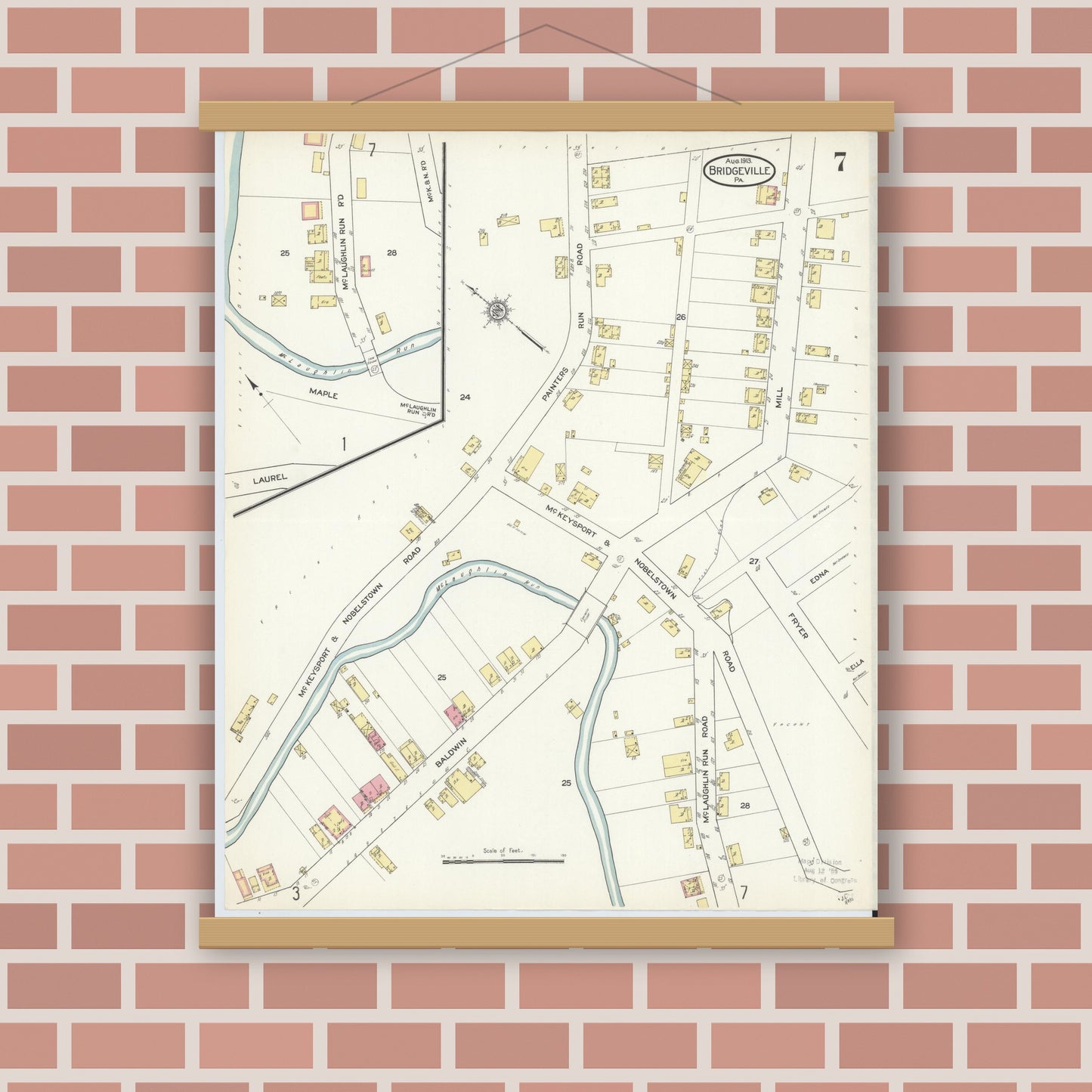 Old map wall art mockup — magnetic wood frame on brick wall — Sanborn Fire Insurance Map from Bridgeville, Allegheny County, Pennsylvania (1913), Sheet #0007