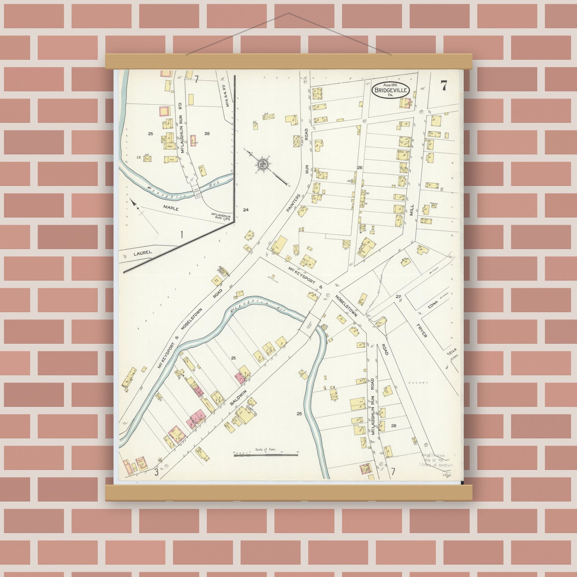 Old map wall art mockup — magnetic wood frame on brick wall — Sanborn Fire Insurance Map from Bridgeville, Allegheny County, Pennsylvania (1913), Sheet #0007