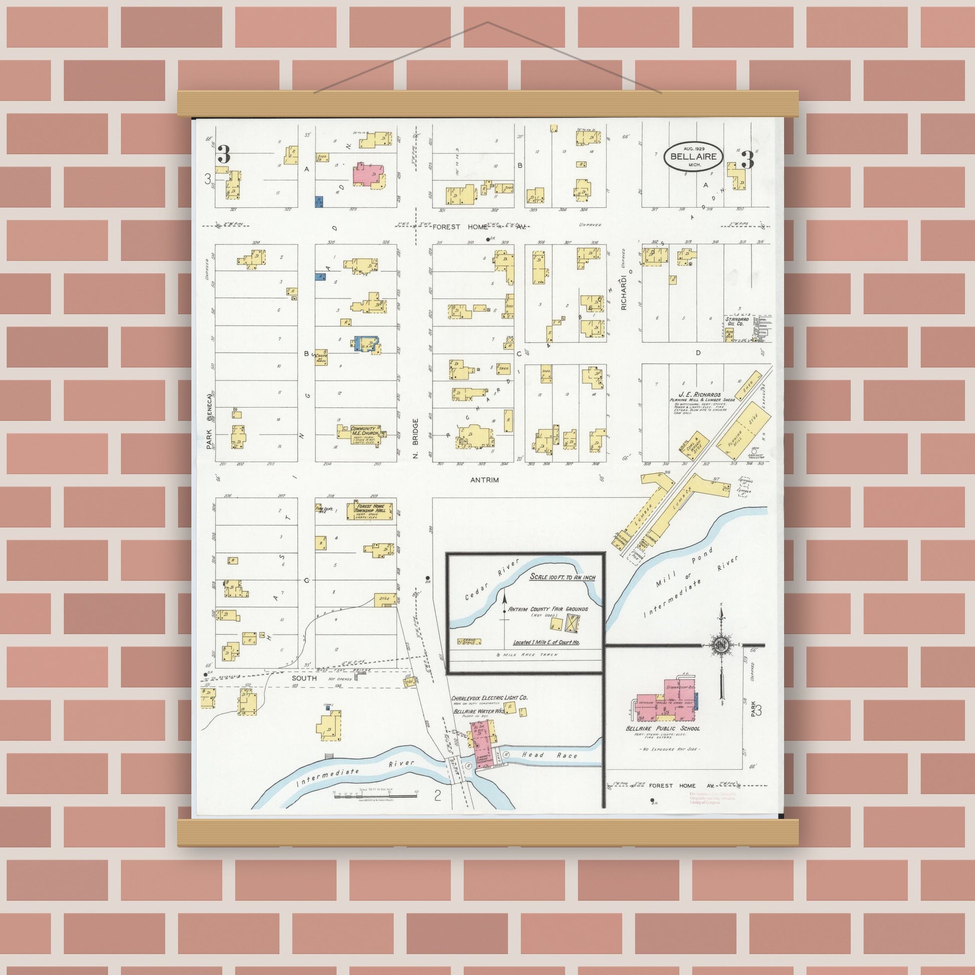 Old map wall art mockup — magnetic wood frame on brick wall — Sanborn Fire Insurance Map from Bellaire, Antrim County, Michigan (1929), Sheet #0003