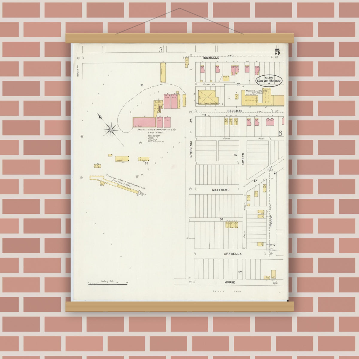 Old map wall art mockup — magnetic wood frame on brick wall — Sanborn Fire Insurance Map from Knoxville Borough, Allegheny County, Pennsylvania (1898), Sheet #0005